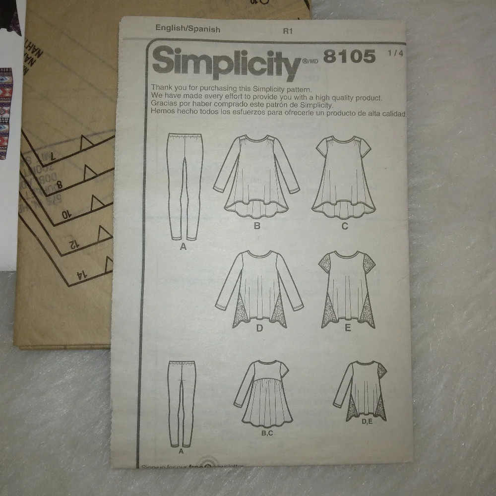 SIMPLICITY 8105 Easy-to-Sew Child's & Girl's knit tunic and leggings size 7-14